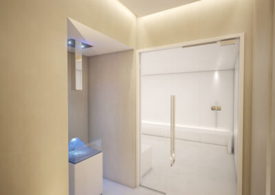 small spa enclosure with glass doors